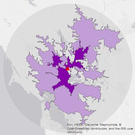 small drive-time areas map